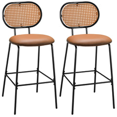Juego de 2 Taburetes de Bar 75 cm Silla Alta de Comedor de Imitación de Cuero Respaldo Tejido de Ratán sin Brazos para Bistró Cocina Marrón