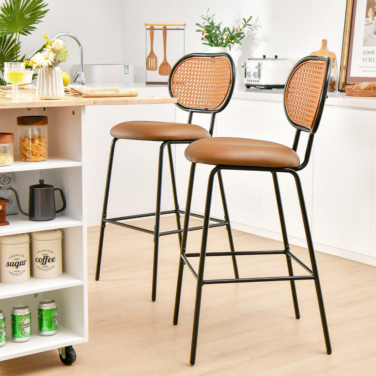 Juego de 2 Taburetes de Bar 75 cm Silla Alta de Comedor de Imitación de Cuero Respaldo Tejido de Ratán sin Brazos para Bistró Cocina Marrón
