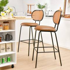 Juego de 2 Taburetes de Bar 75 cm Silla Alta de Comedor de Imitación de Cuero Respaldo Tejido de Ratán sin Brazos para Bistró Cocina Marrón