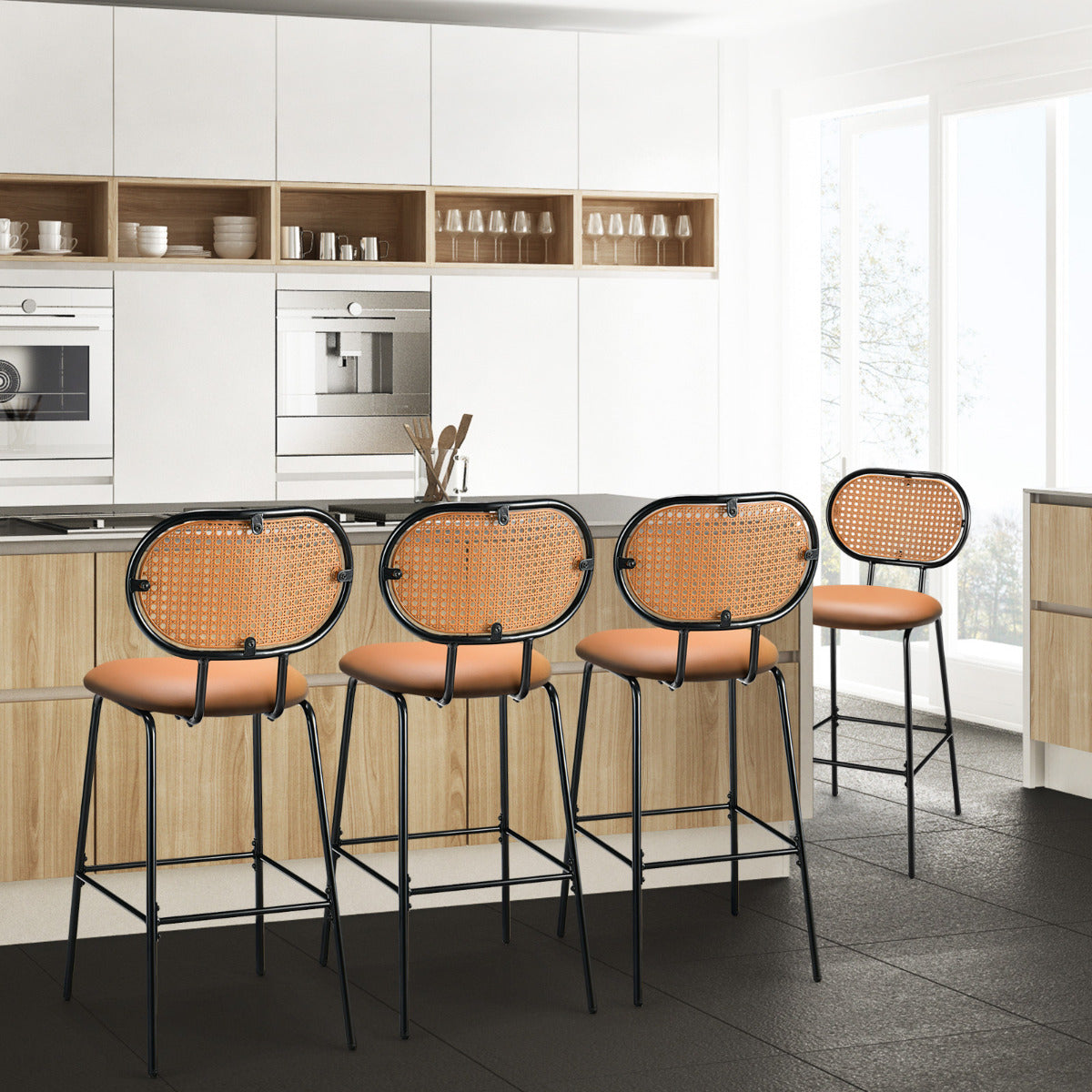 Juego de 2 Taburetes de Bar 75 cm Silla Alta de Comedor de Imitación de Cuero Respaldo Tejido de Ratán sin Brazos para Bistró Cocina Marrón