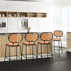 Juego de 2 Taburetes de Bar 75 cm Silla Alta de Comedor de Imitación de Cuero Respaldo Tejido de Ratán sin Brazos para Bistró Cocina Marrón