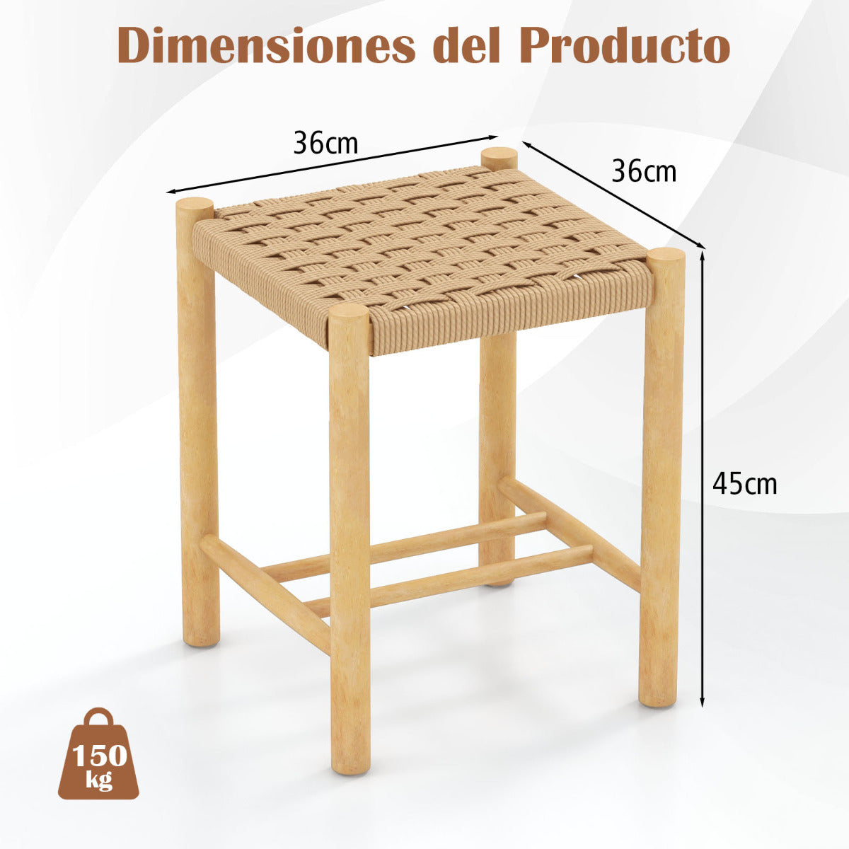 Juego de 2 Taburetes de Bar/Comedor Estructura de Madera Goma Asiento de Papel Tejido sin Respaldo para Cocina 36 x 36 x 45 cm Natural