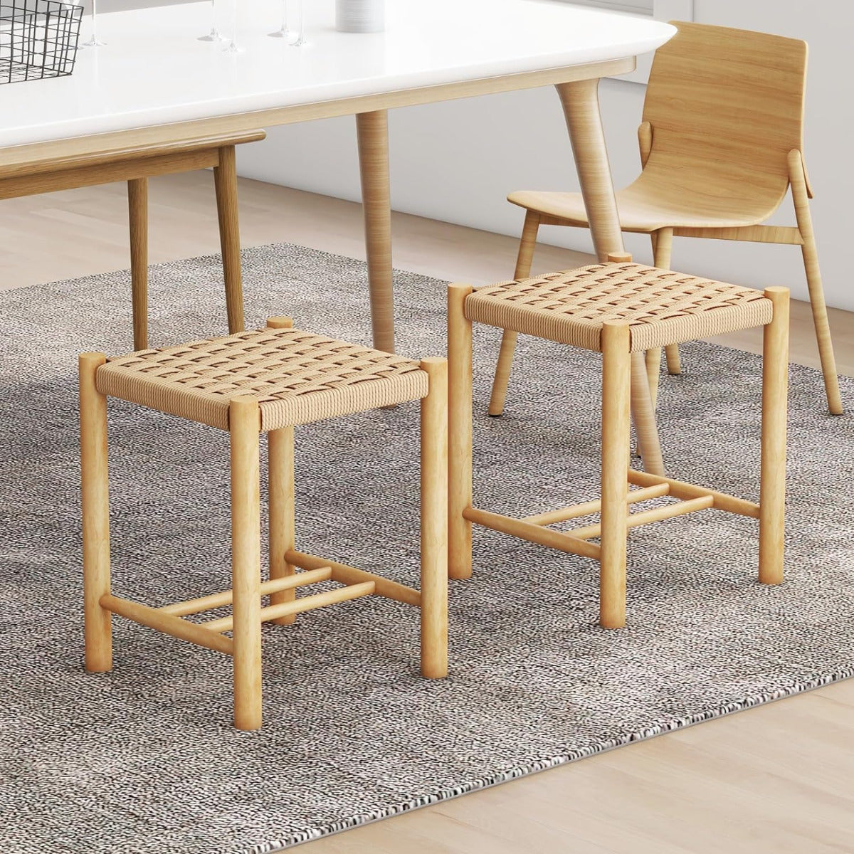 Juego de 2 Taburetes de Bar/Comedor Estructura de Madera Goma Asiento de Papel Tejido sin Respaldo para Cocina 36 x 36 x 45 cm Natural