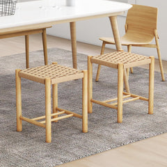 Juego de 2 Taburetes de Bar/Comedor Estructura de Madera Goma Asiento de Papel Tejido sin Respaldo para Cocina 36 x 36 x 45 cm Natural