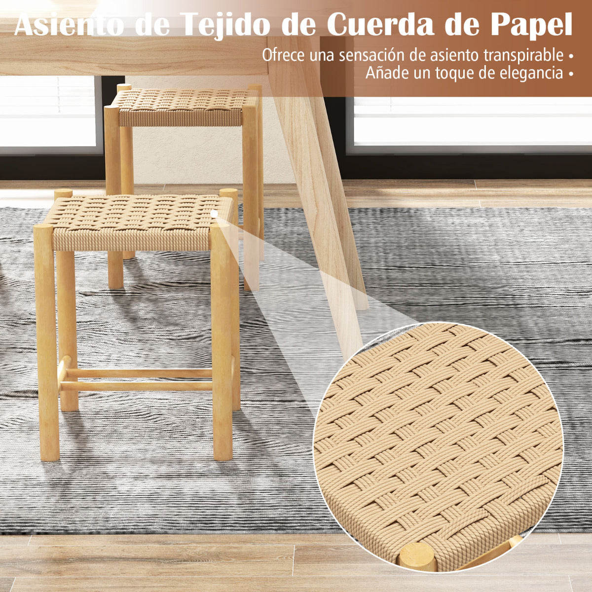 Juego de 2 Taburetes de Bar/Comedor Estructura de Madera Goma Asiento de Papel Tejido sin Respaldo para Cocina 36 x 36 x 45 cm Natural
