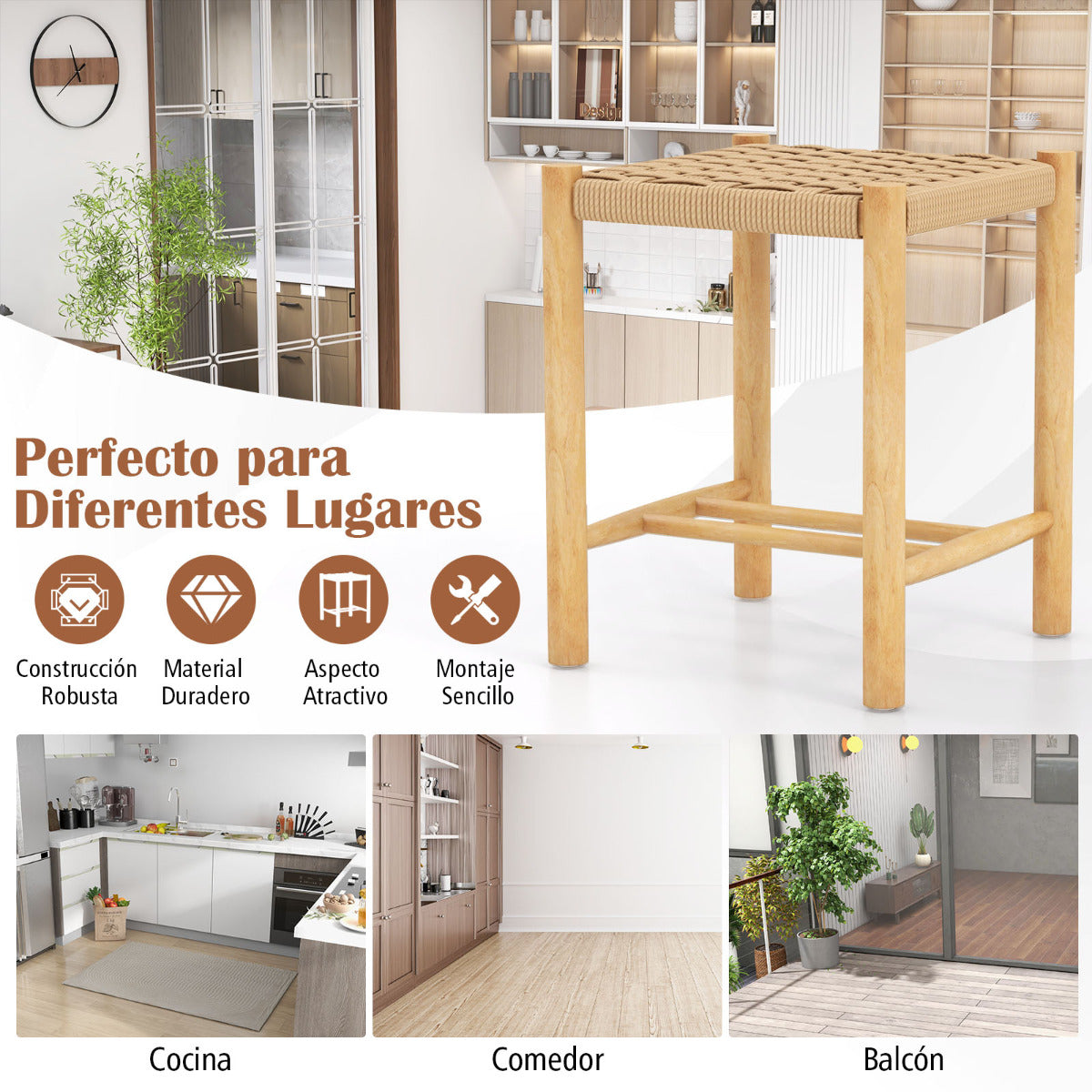 Juego de 2 Taburetes de Bar/Comedor Estructura de Madera Goma Asiento de Papel Tejido sin Respaldo para Cocina 36 x 36 x 45 cm Natural