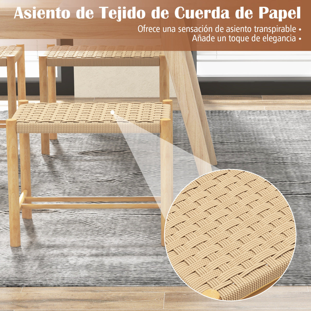 Juego de 2 Taburetes de Bar/Comedor Estructura de Madera Goma Asiento de Papel Tejido sin Respaldo para Cocina 56 x 36 x 45 cm Natural