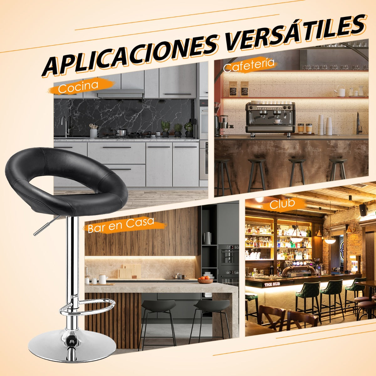 Juego de 2 Taburetes de Bar Modernos con Base Antideslizante y Reposapiés de Metal para Restaurante y Cafetería 53 x 49 x 77-98 cm Negro