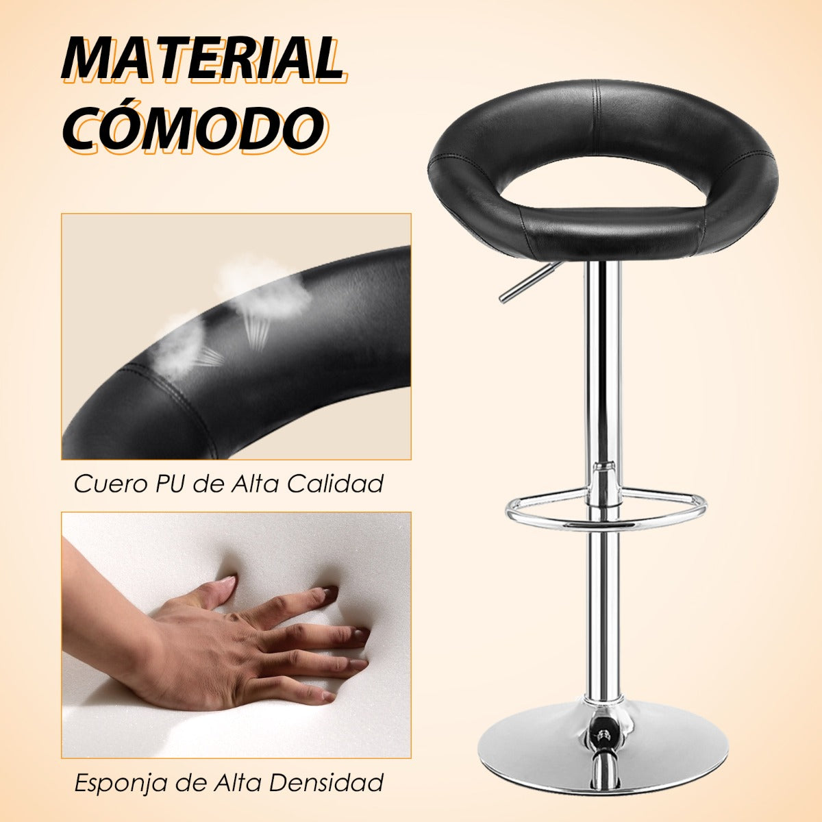 Juego de 2 Taburetes de Bar Modernos con Base Antideslizante y Reposapiés de Metal para Restaurante y Cafetería 53 x 49 x 77-98 cm Negro