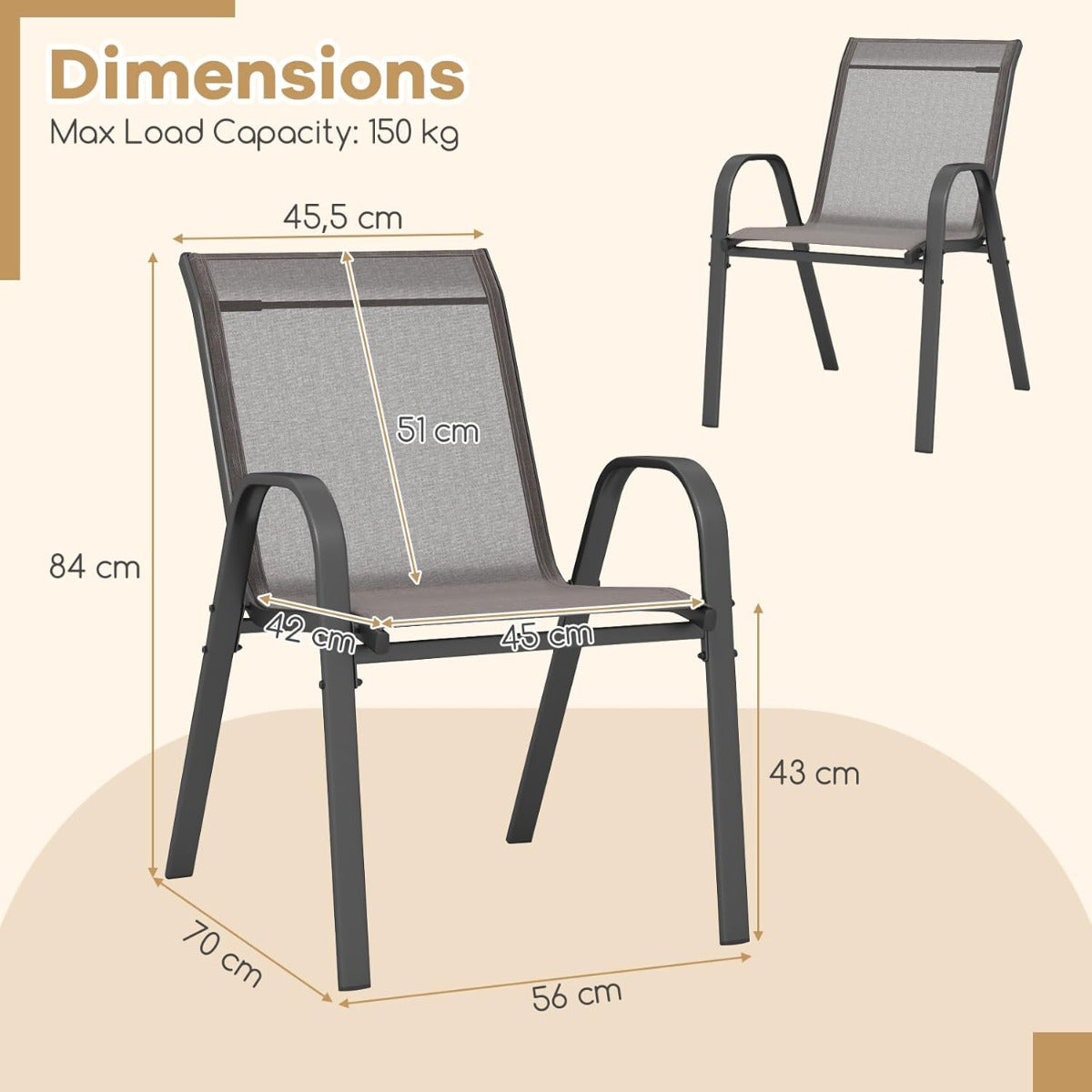 Juego de 4 Sillas de Jardín Apilables de Comedor Tejido Transpirable Estructura Resistente para Exterior Patio Playa 55 x 67 x 83 cm Gris