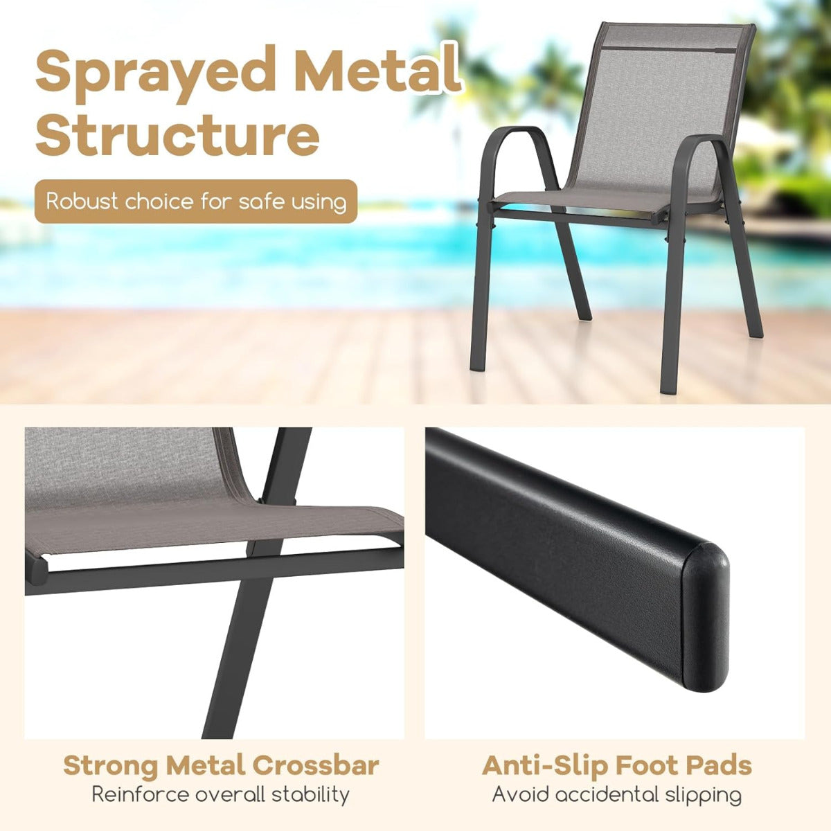 Juego de 4 Sillas de Jardín Apilables de Comedor Tejido Transpirable Estructura Resistente para Exterior Patio Playa 55 x 67 x 83 cm Gris