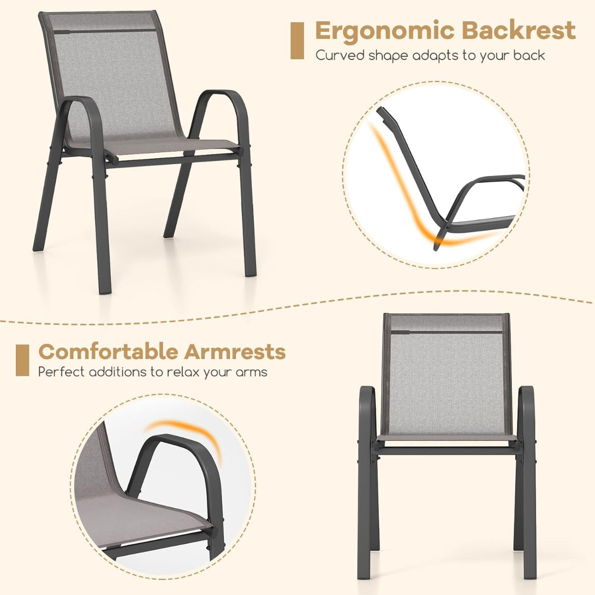 Juego de 4 Sillas de Jardín Apilables de Comedor Tejido Transpirable Estructura Resistente para Exterior Patio Playa 55 x 67 x 83 cm Gris