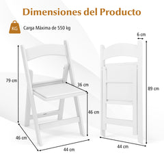 Juego de 2 Sillas Plegables de Resina Portátil Asiento Acolchado Marco de Resina para Todo Tipo Clima Carga 500 kg para Hogar Oficina Boda