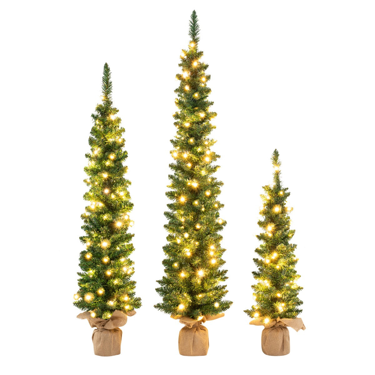 Juego de 3 Árboles de Navidad Artificiales Preiluminados Lápiz de 90/120/150 CM con 415 Puntas de Ramas Verdes 230 Luces LED Decoración