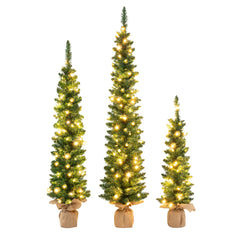Juego de 3 Árboles de Navidad Artificiales Preiluminados Lápiz de 90/120/150 CM con 415 Puntas de Ramas Verdes 230 Luces LED Decoración