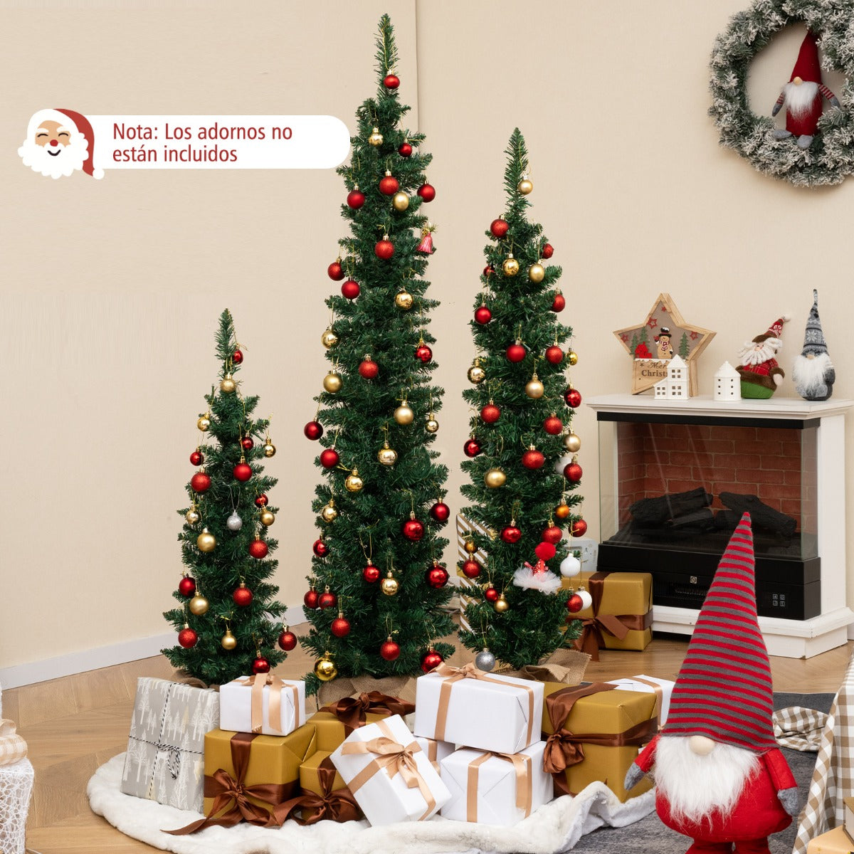 Juego de 3 Árboles de Navidad Artificiales Preiluminados Lápiz de 90/120/150 CM con 415 Puntas de Ramas Verdes 230 Luces LED Decoración