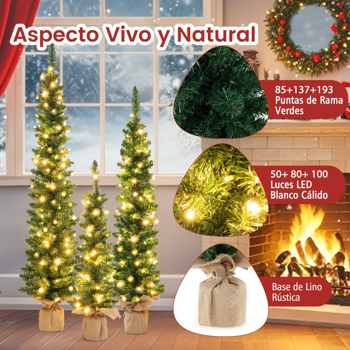 Juego de 3 Árboles de Navidad Artificiales Preiluminados Lápiz de 90/120/150 CM con 415 Puntas de Ramas Verdes 230 Luces LED Decoración