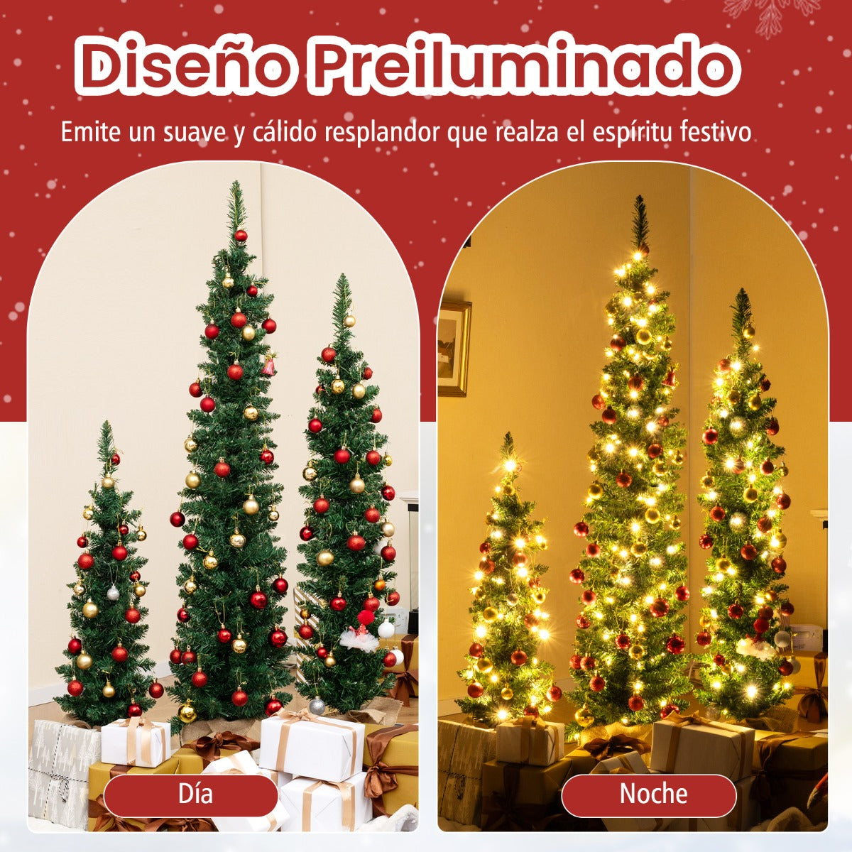 Juego de 3 Árboles de Navidad Artificiales Preiluminados Lápiz de 90/120/150 CM con 415 Puntas de Ramas Verdes 230 Luces LED Decoración