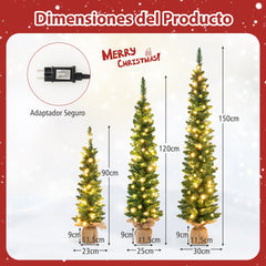 Juego de 3 Árboles de Navidad Artificiales Preiluminados Lápiz de 90/120/150 CM con 415 Puntas de Ramas Verdes 230 Luces LED Decoración