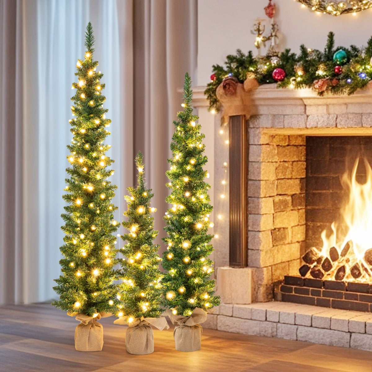Juego de 3 Árboles de Navidad Artificiales Preiluminados Lápiz de 90/120/150 CM con 415 Puntas de Ramas Verdes 230 Luces LED Decoración
