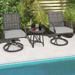 Juego de 3 Piezas de Sillas Giratorias 360° para Patio Sillas de Mimbre con Mesa de Café Cojines de Asiento Suaves para Jardín Balcón Porche