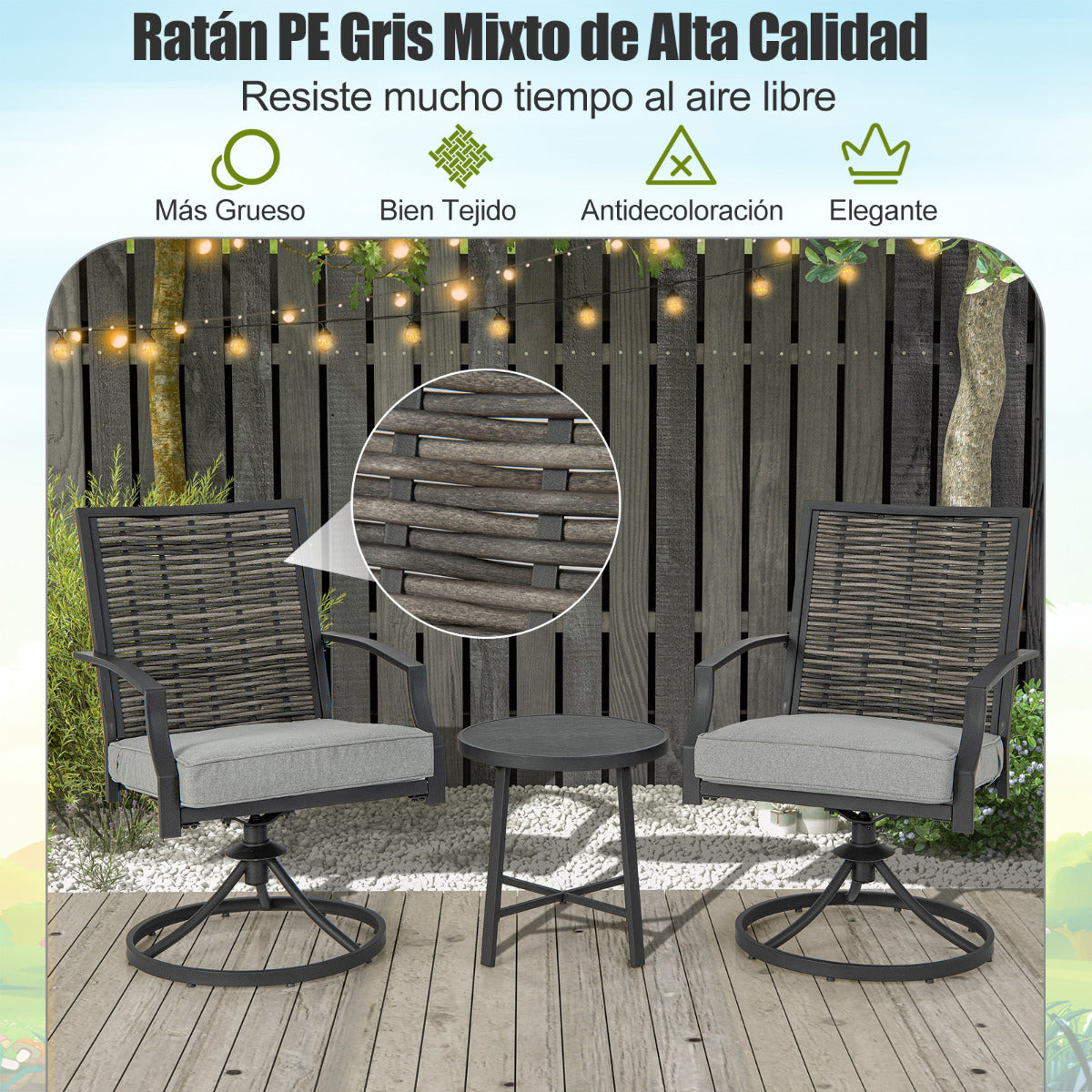 Juego de 3 Piezas de Sillas Giratorias 360° para Patio Sillas de Mimbre con Mesa de Café Cojines de Asiento Suaves para Jardín Balcón Porche