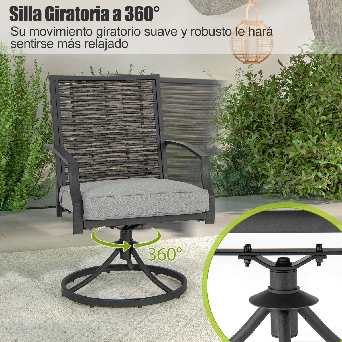 Juego de 3 Piezas de Sillas Giratorias 360° para Patio Sillas de Mimbre con Mesa de Café Cojines de Asiento Suaves para Jardín Balcón Porche