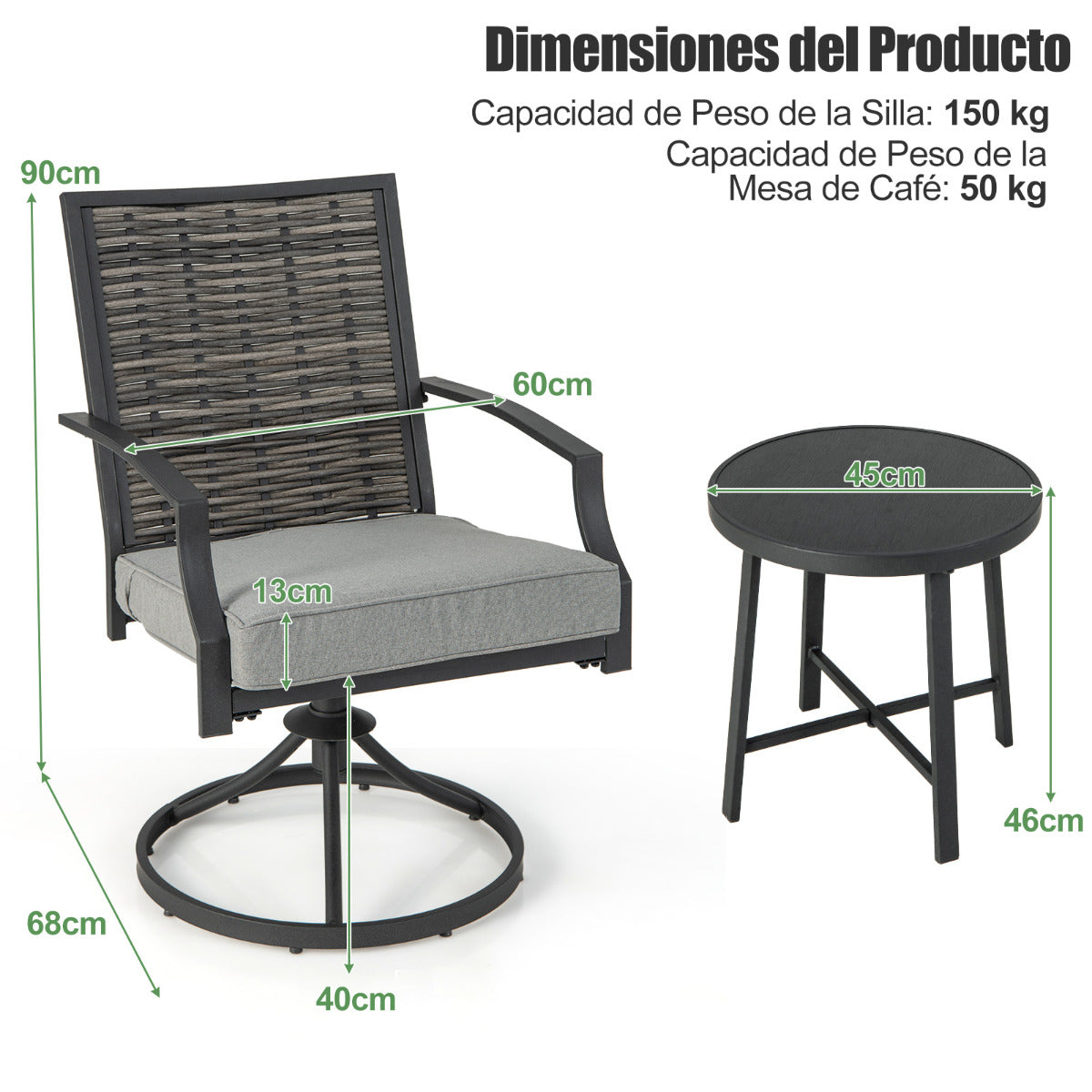 Juego de 3 Piezas de Sillas Giratorias 360° para Patio Sillas de Mimbre con Mesa de Café Cojines de Asiento Suaves para Jardín Balcón Porche