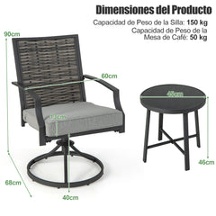 Juego de 3 Piezas de Sillas Giratorias 360° para Patio Sillas de Mimbre con Mesa de Café Cojines de Asiento Suaves para Jardín Balcón Porche
