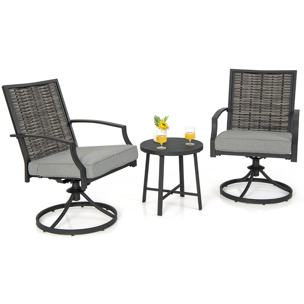 Juego de 3 Piezas de Sillas Giratorias 360° para Patio Sillas de Mimbre con Mesa de Café Cojines de Asiento Suaves para Jardín Balcón Porche