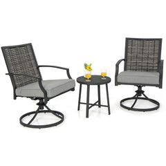 Juego de 3 Piezas de Sillas Giratorias 360° para Patio Sillas de Mimbre con Mesa de Café Cojines de Asiento Suaves para Jardín Balcón Porche