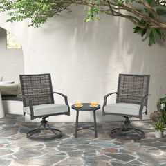 Juego de 3 Piezas de Sillas Giratorias 360° para Patio Sillas de Mimbre con Mesa de Café Cojines de Asiento Suaves para Jardín Balcón Porche
