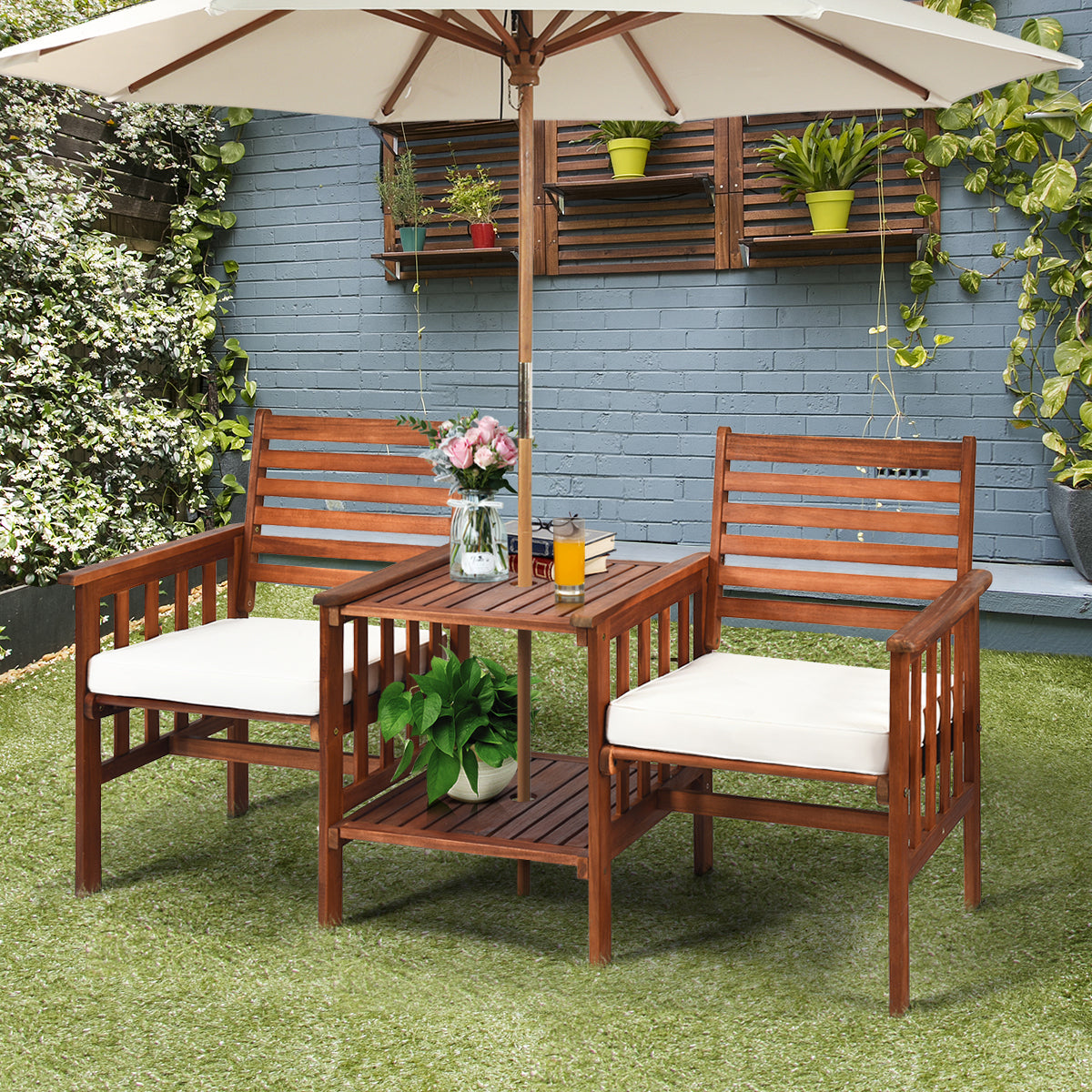 Juego de 3 Piezas de Sillas y Mesa de 2 Plazas Madera Acacia de Exterior con Cojines para Patio Jardín Blanco