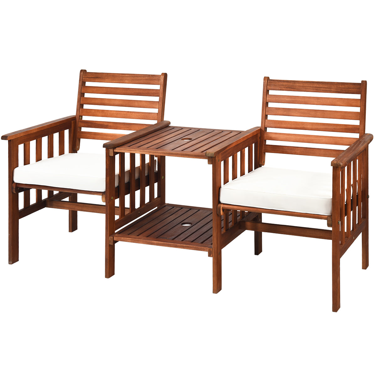 Juego de 3 Piezas de Sillas y Mesa de 2 Plazas Madera Acacia de Exterior con Cojines para Patio Jardín Blanco