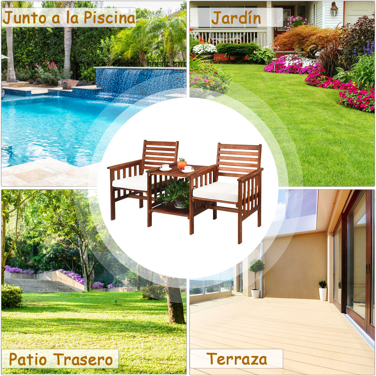 Juego de 3 Piezas de Sillas y Mesa de 2 Plazas Madera Acacia de Exterior con Cojines para Patio Jardín Blanco