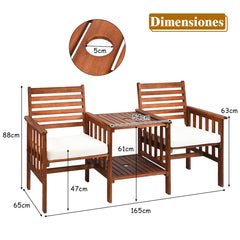Juego de 3 Piezas de Sillas y Mesa de 2 Plazas Madera Acacia de Exterior con Cojines para Patio Jardín Blanco