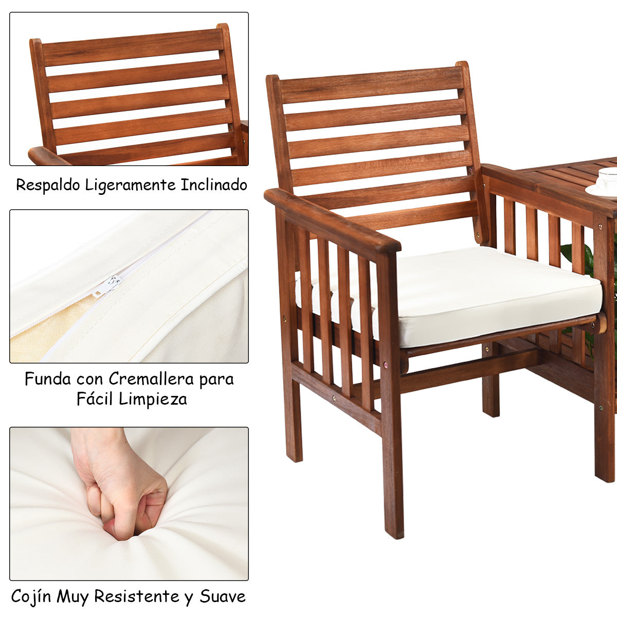 Juego de 3 Piezas de Sillas y Mesa de 2 Plazas Madera Acacia de Exterior con Cojines para Patio Jardín Blanco
