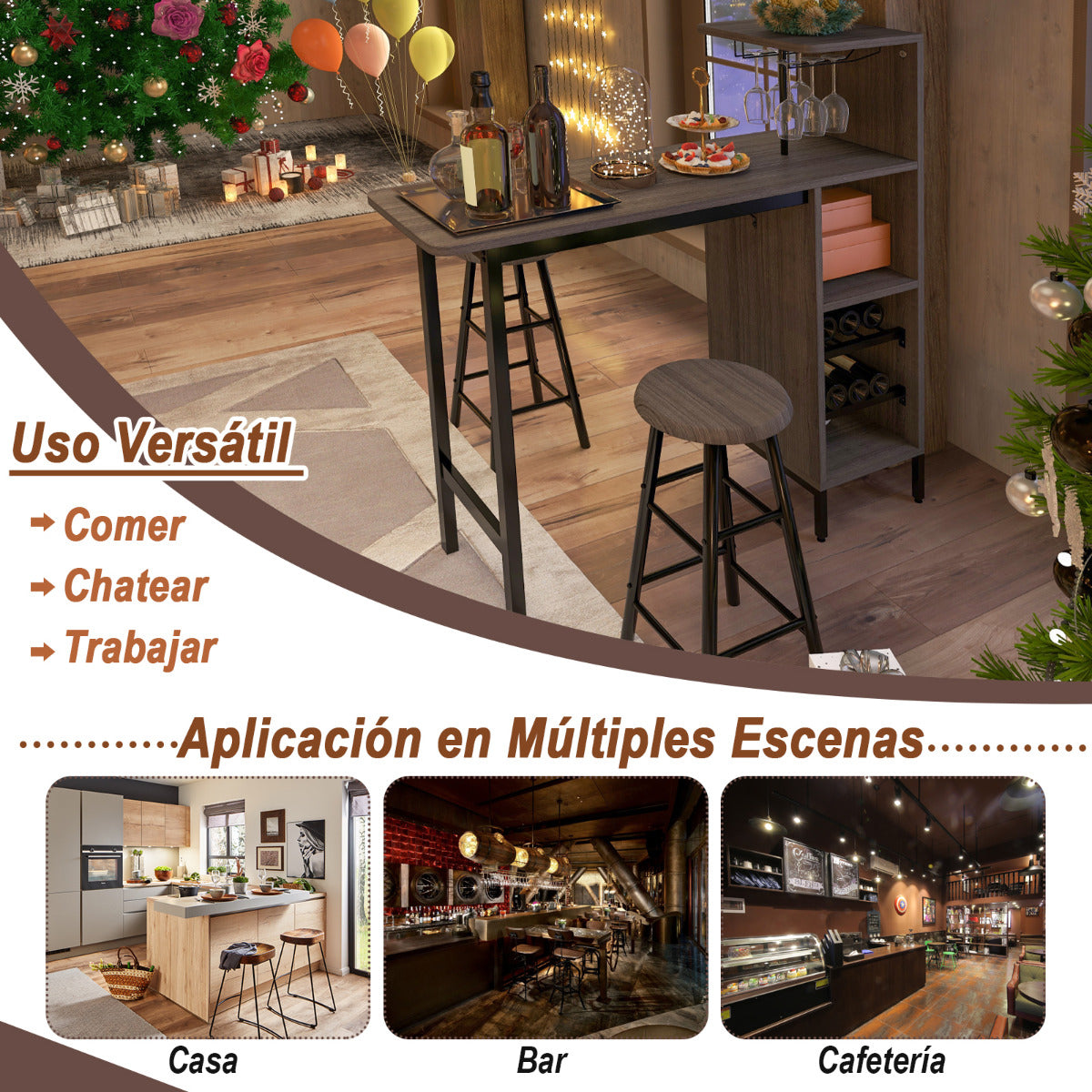 Juego de 3 Piezas Mesa y Sillas de Bar Mesa y Taburetes Industriales con Soportes para Copas Estantes para Comedor Cocina Marrón