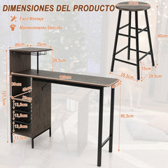 Juego de 3 Piezas Mesa y Sillas de Bar Mesa y Taburetes Industriales con Soportes para Copas Estantes para Comedor Cocina Marrón