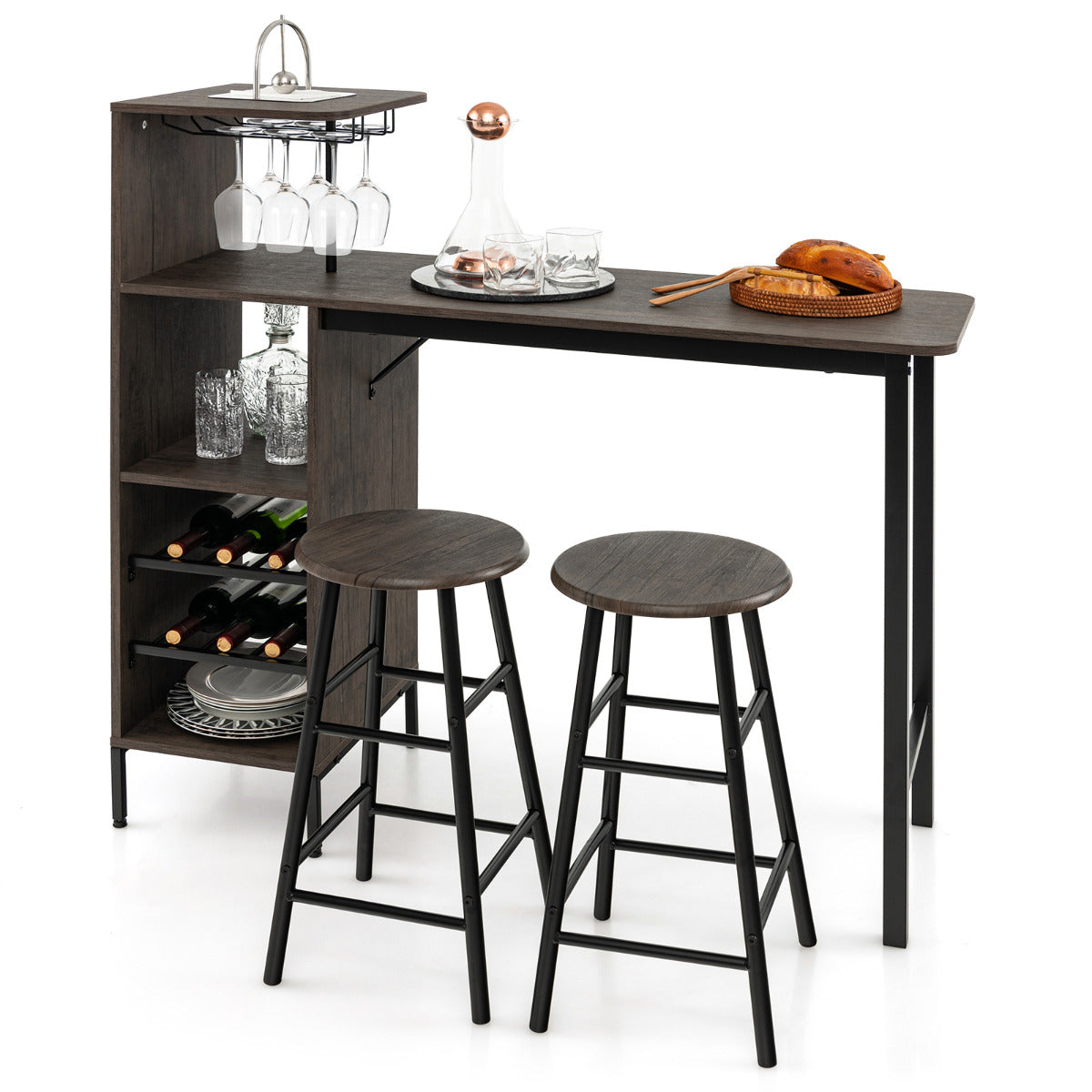 Juego de 3 Piezas Mesa y Sillas de Bar Mesa y Taburetes Industriales con Soportes para Copas Estantes para Comedor Cocina Marrón