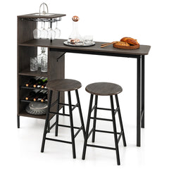 Juego de 3 Piezas Mesa y Sillas de Bar Mesa y Taburetes Industriales con Soportes para Copas Estantes para Comedor Cocina Marrón
