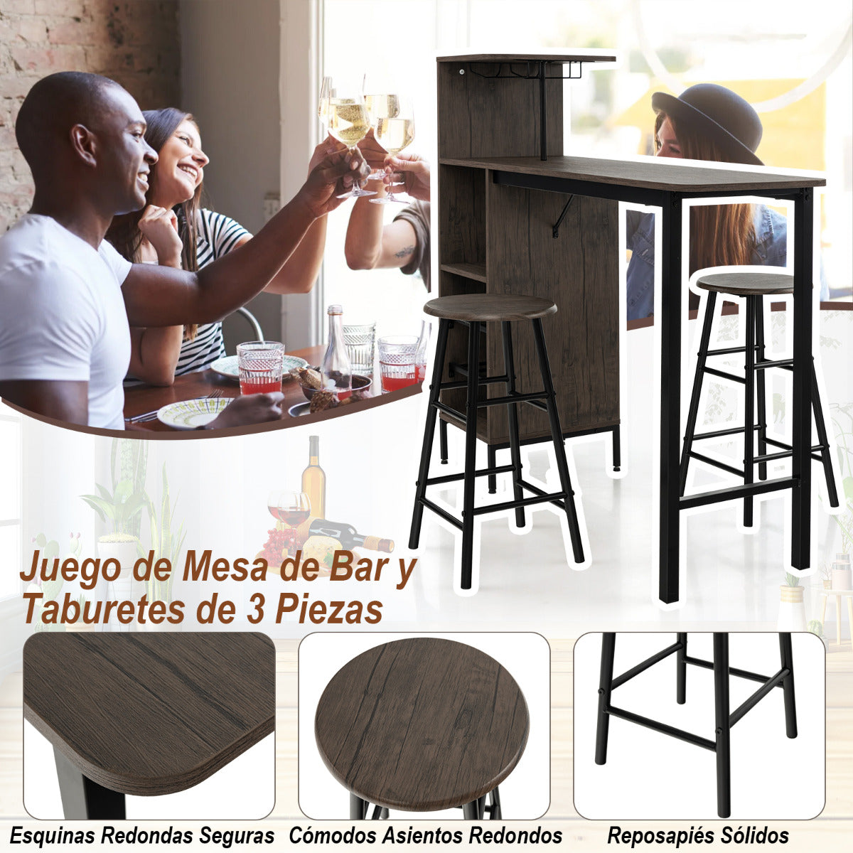 Juego de 3 Piezas Mesa y Sillas de Bar Mesa y Taburetes Industriales con Soportes para Copas Estantes para Comedor Cocina Marrón