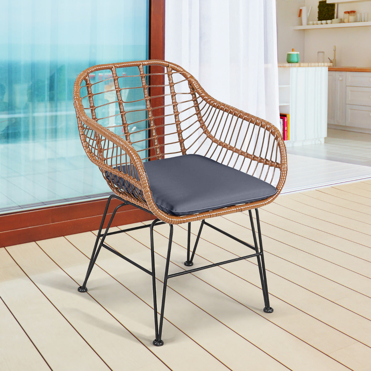 Juego de 3 Piezas Muebles de Mimbre de Bistro de Conversación de Patio Mesa Redonda de Vidrio 2 Sillones Cojines para Jardín Piscina