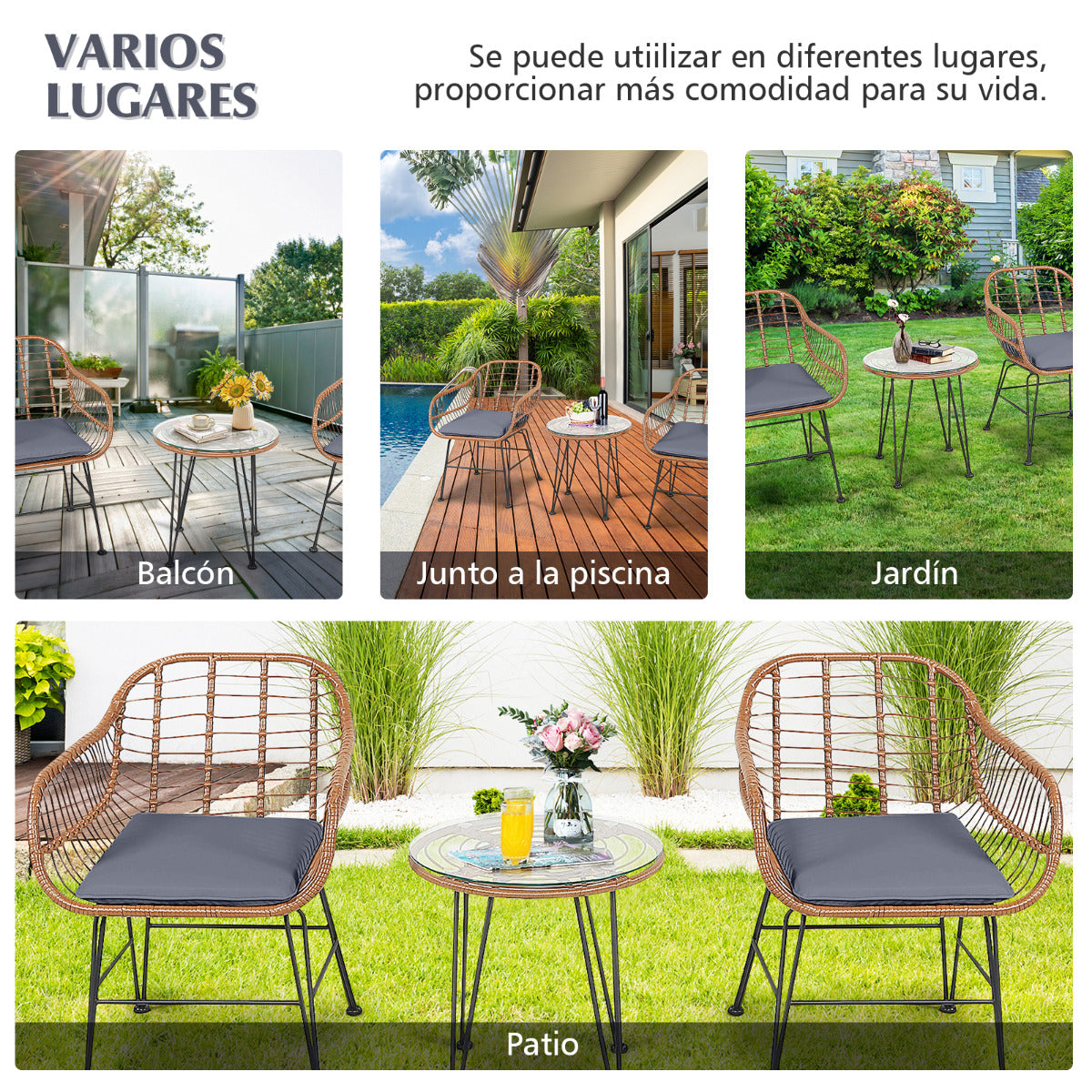 Juego de 3 Piezas Muebles de Mimbre de Bistro de Conversación de Patio Mesa Redonda de Vidrio 2 Sillones Cojines para Jardín Piscina