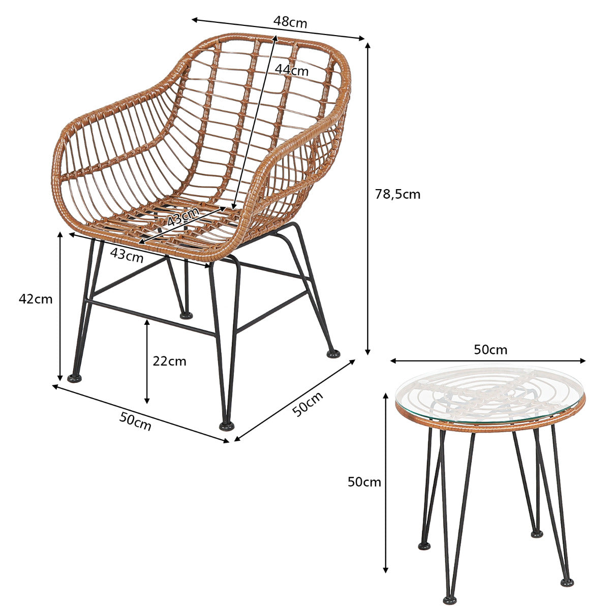Juego de 3 Piezas Muebles de Mimbre de Bistro de Conversación de Patio Mesa Redonda de Vidrio 2 Sillones Cojines para Jardín Piscina