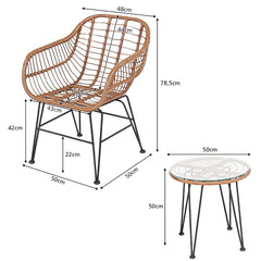Juego de 3 Piezas Muebles de Mimbre de Bistro de Conversación de Patio Mesa Redonda de Vidrio 2 Sillones Cojines para Jardín Piscina