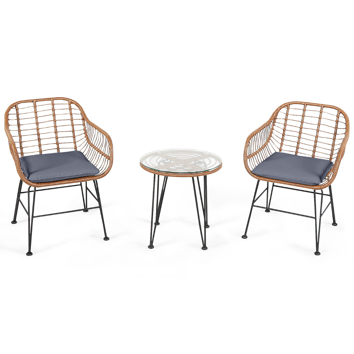 Juego de 3 Piezas Muebles de Mimbre de Bistro de Conversación de Patio Mesa Redonda de Vidrio 2 Sillones Cojines para Jardín Piscina