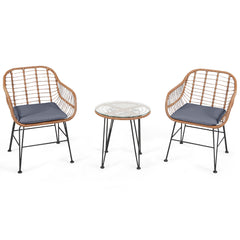 Juego de 3 Piezas Muebles de Mimbre de Bistro de Conversación de Patio Mesa Redonda de Vidrio 2 Sillones Cojines para Jardín Piscina