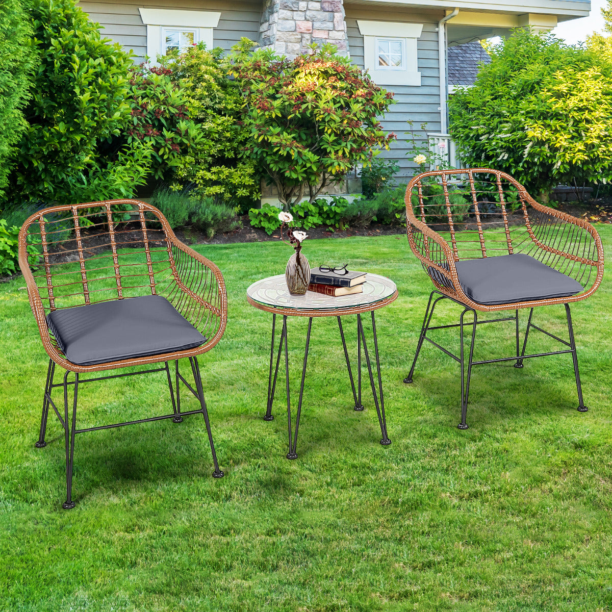 Juego de 3 Piezas Muebles de Mimbre de Bistro de Conversación de Patio Mesa Redonda de Vidrio 2 Sillones Cojines para Jardín Piscina