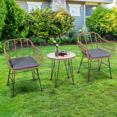 Juego de 3 Piezas Muebles de Mimbre de Bistro de Conversación de Patio Mesa Redonda de Vidrio 2 Sillones Cojines para Jardín Piscina